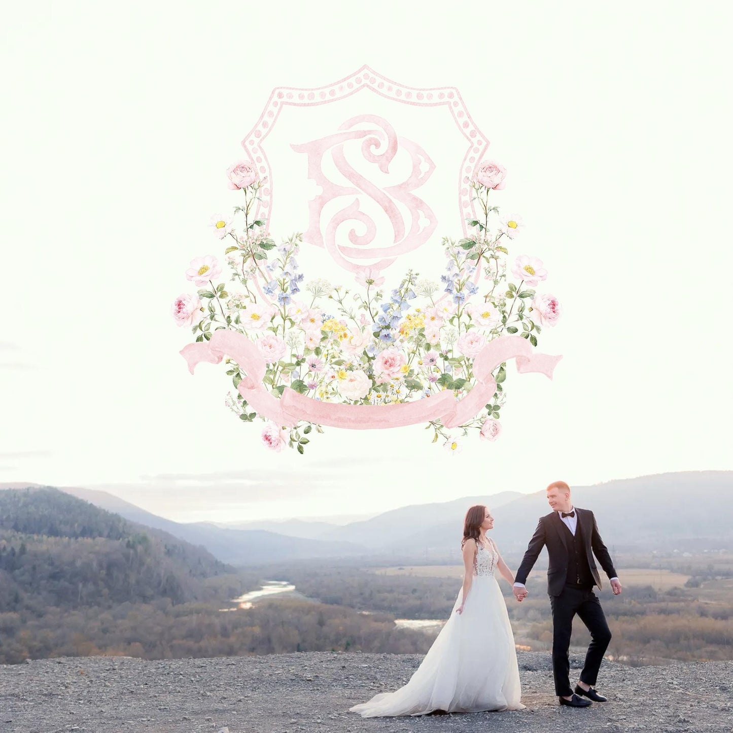 Pastel Wildflowers Light Pink Watercolor Wedding Crest - Monogram Crest - Floral Watercolor Wedding Crest - Romantic Wedding Crest