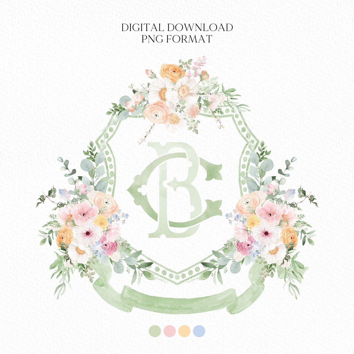 Wildflower Prink Spring Flower Wedding Crest - Monogram Crest - Wildflower bohemian Floral Watercolor Wedding Crest - Romantic Wedding Crest