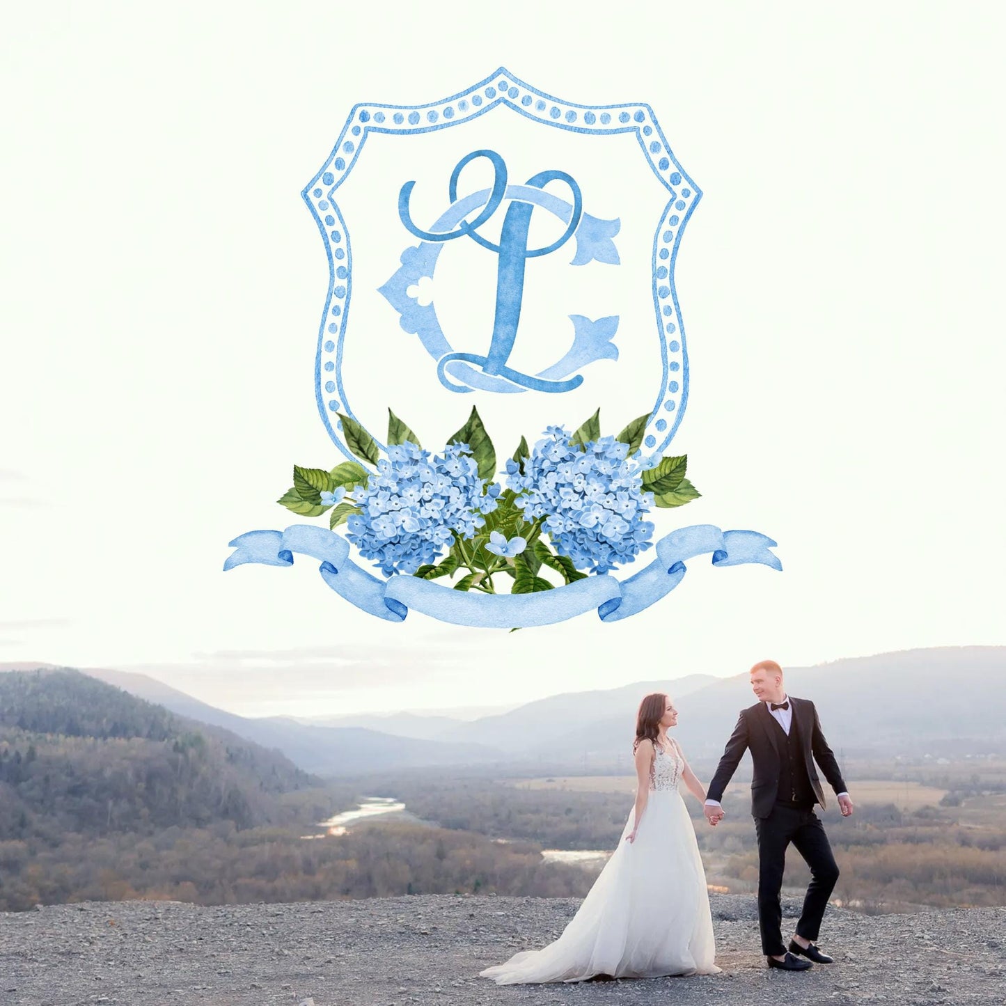 Blue Hydrangea Flower Wedding Crest - Monogram Crest - Hydrangea Floral Luxury Watercolor Wedding Crest - Romantic Wedding Crest