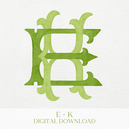 Watercolor Wedding Monogram EK – Classic KE Initial Crest (Digital Download)