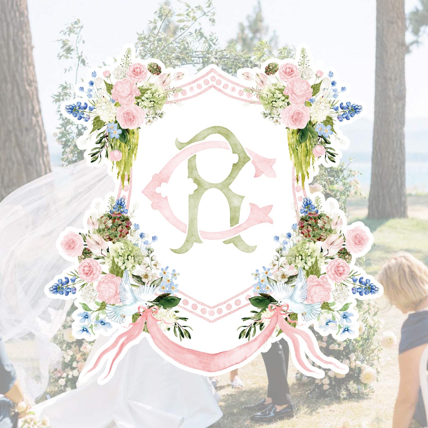Green Hydrangea Flower Wedding Crest - Monogram Crest - Light Roses Greenery Floral Watercolor Wedding Crest - Australian Wedding Crest