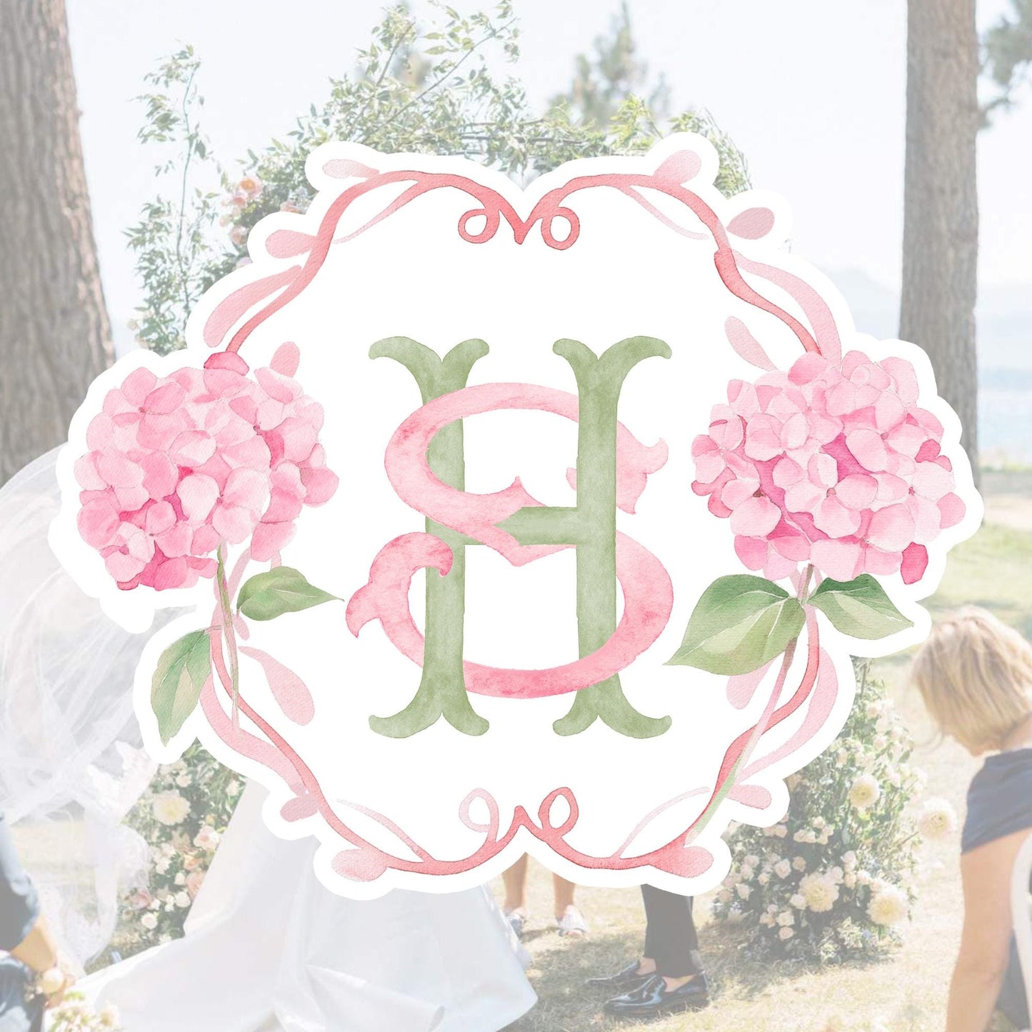 Pink Hydrangea Flower Wedding Crest - Monogram Crest - Hydrangea Floral Luxury Watercolor Wedding Crest - Romantic Wedding Crest
