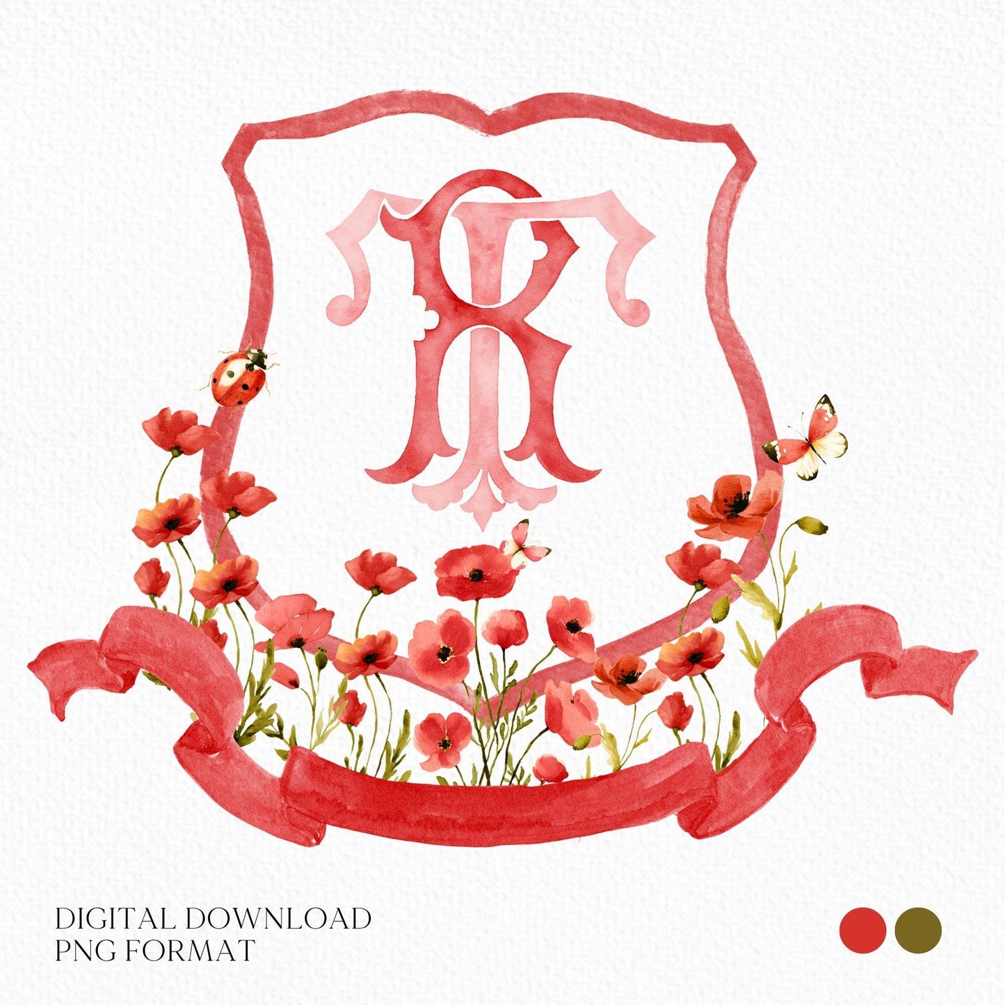 Red Poppy Flower Wedding Crest - Monogram Crest - Watercolor Poppies Floral Luxury Watercolor Wedding Crest - Romantic Wedding Crest