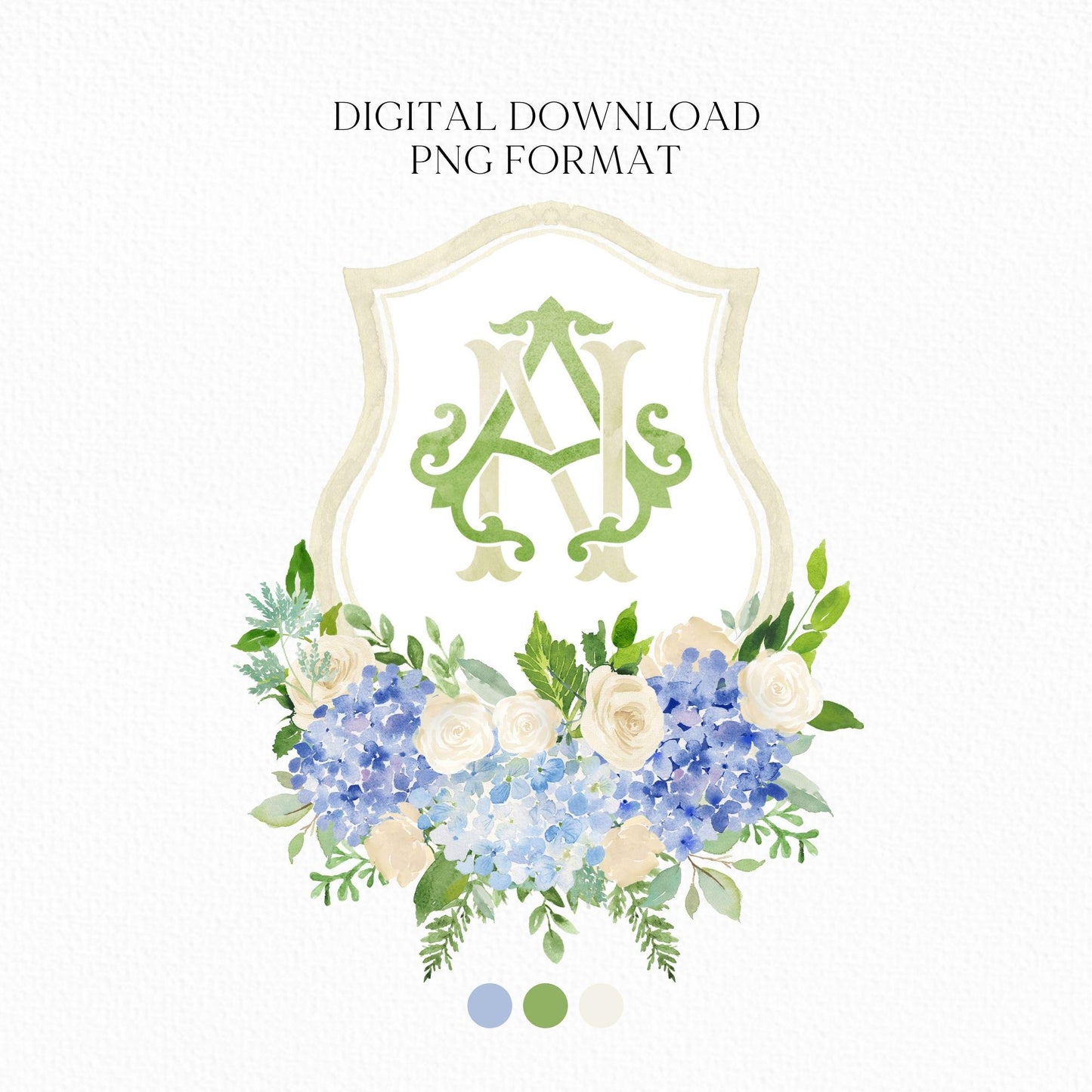 Hydrangea Flower Wedding Crest - Monogram Crest - Hydrangea Floral Blue Watercolor Wedding Crest - Romantic Wedding Crest - Boho Hydrangea