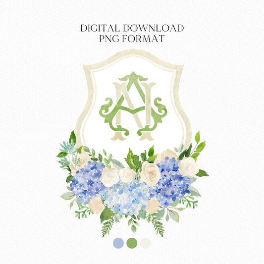 Hydrangea Flower Wedding Crest - Monogram Crest - Hydrangea Floral Blue Watercolor Wedding Crest - Romantic Wedding Crest - Boho Hydrangea