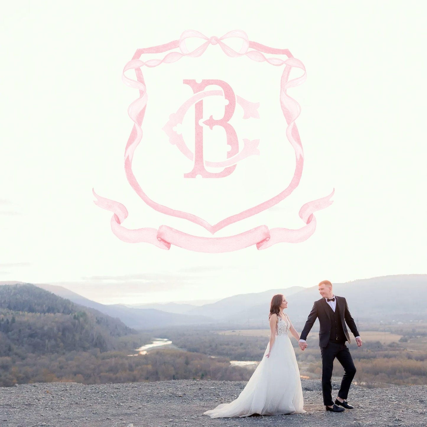 Pink Coquette Ribbon Bow Crest Wedding Crest - Monogram Crest - Pink Ribbon Bow Watercolor Wedding Crest Romantic Wedding Crest
