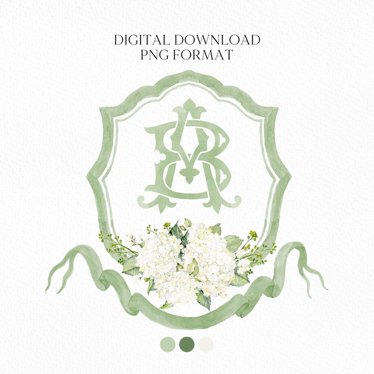 White Hydrangea Flower Greenery Wedding Crest - Monogram Crest - Hydrangea Floral Luxury Watercolor Wedding Crest - Romantic Wedding Crest