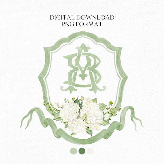 White Hydrangea Flower Greenery Wedding Crest - Monogram Crest - Hydrangea Floral Luxury Watercolor Wedding Crest - Romantic Wedding Crest