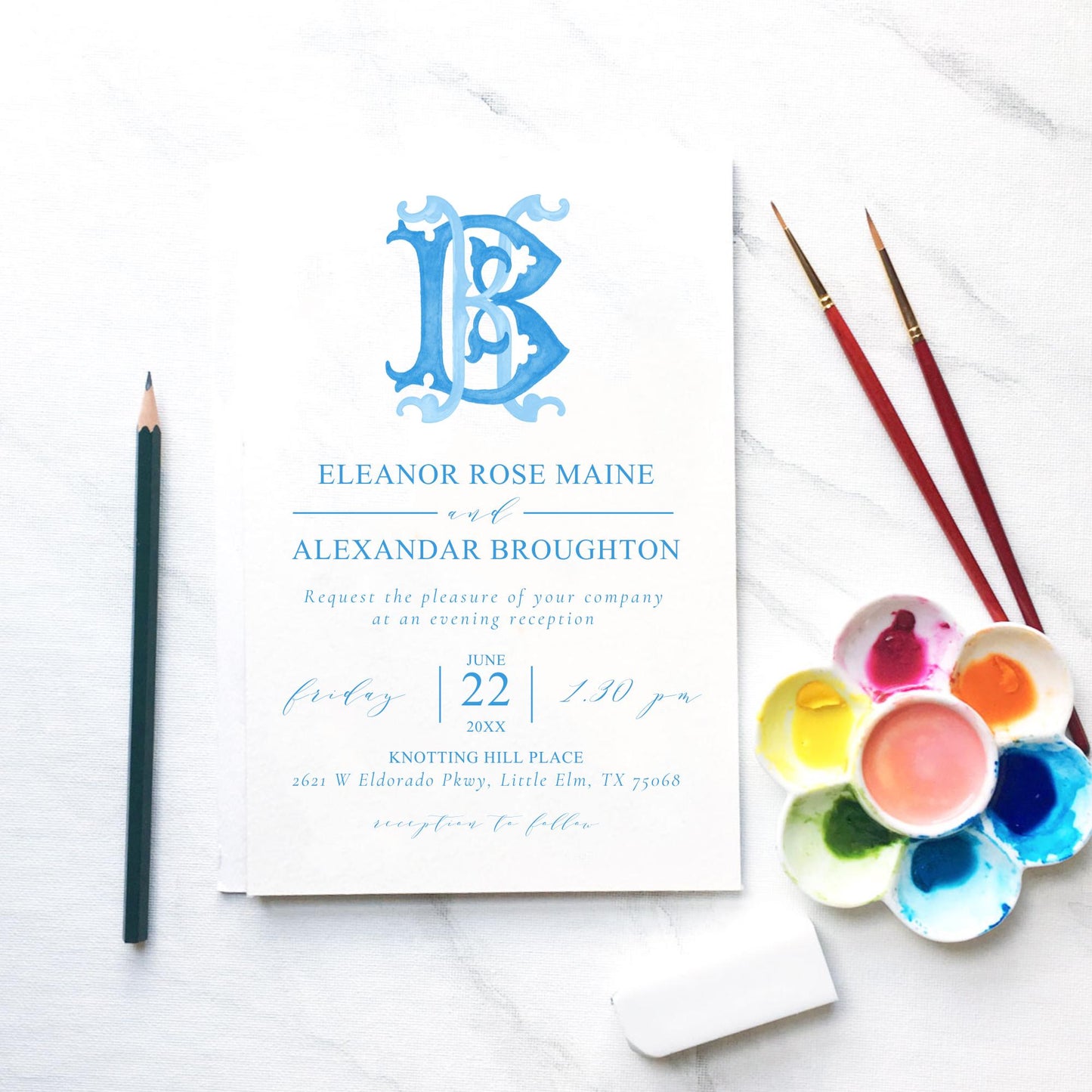 Watercolor Wedding Monogram – Classic BK/KB Initial Crest (Digital Download)