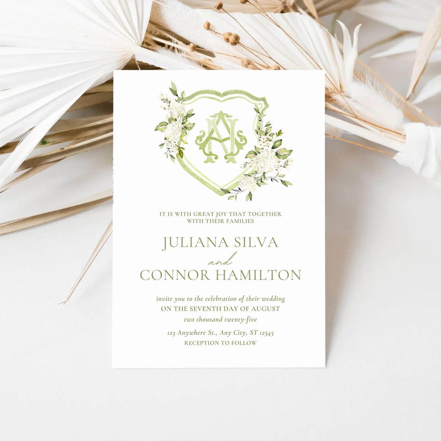 White Hydrangea Flower Greenery Wedding Crest - Monogram Crest - Hydrangea Floral Luxury Watercolor Wedding Crest - Romantic Wedding Crest