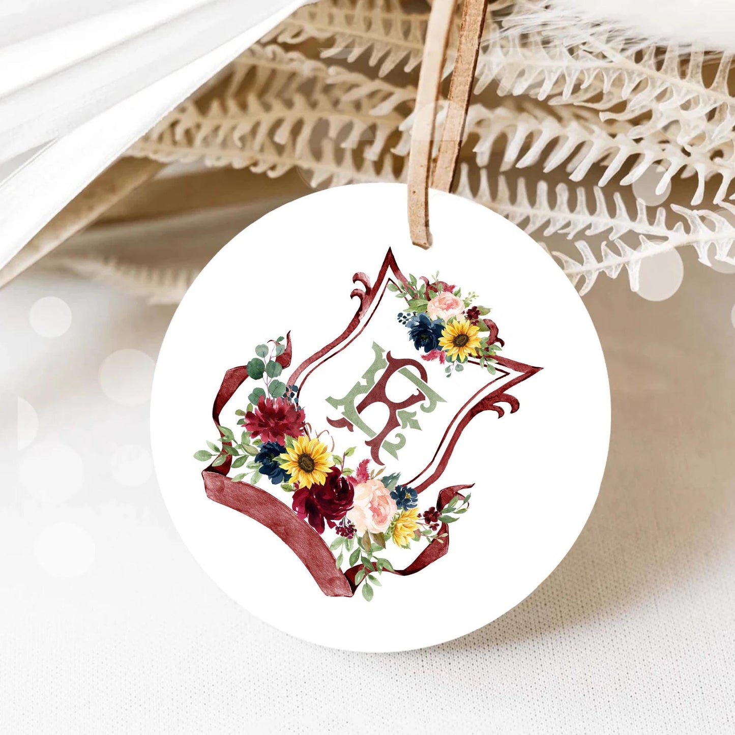 Sunflower Burgundy Red Blush Peony Rose Flower Wedding Crest - Monogram Crest - Floral Watercolor Wedding Crest - Romantic Wedding Crest
