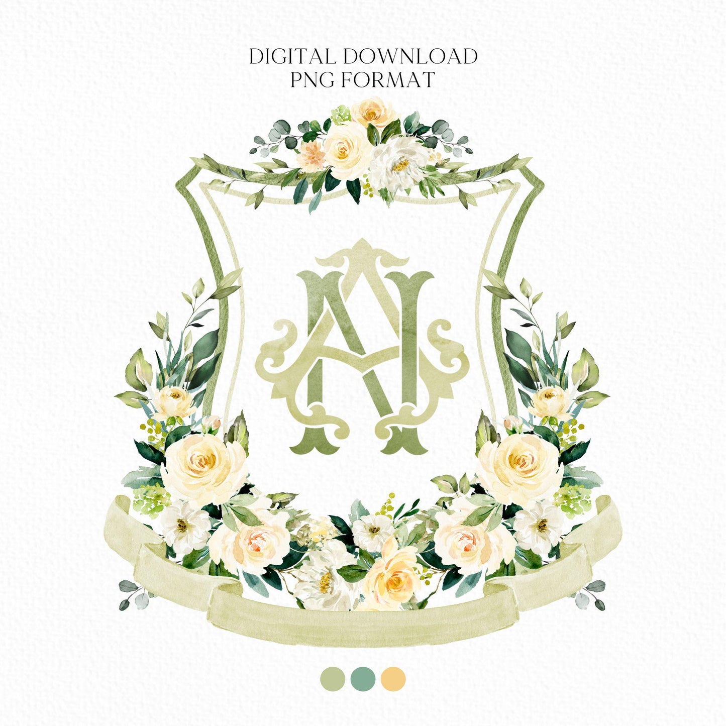 Lemon Green White Yellow Floral Flower Wedding Crest - Monogram Crest - Floral Luxury Watercolor Wedding Crest - Romantic Wedding Crest