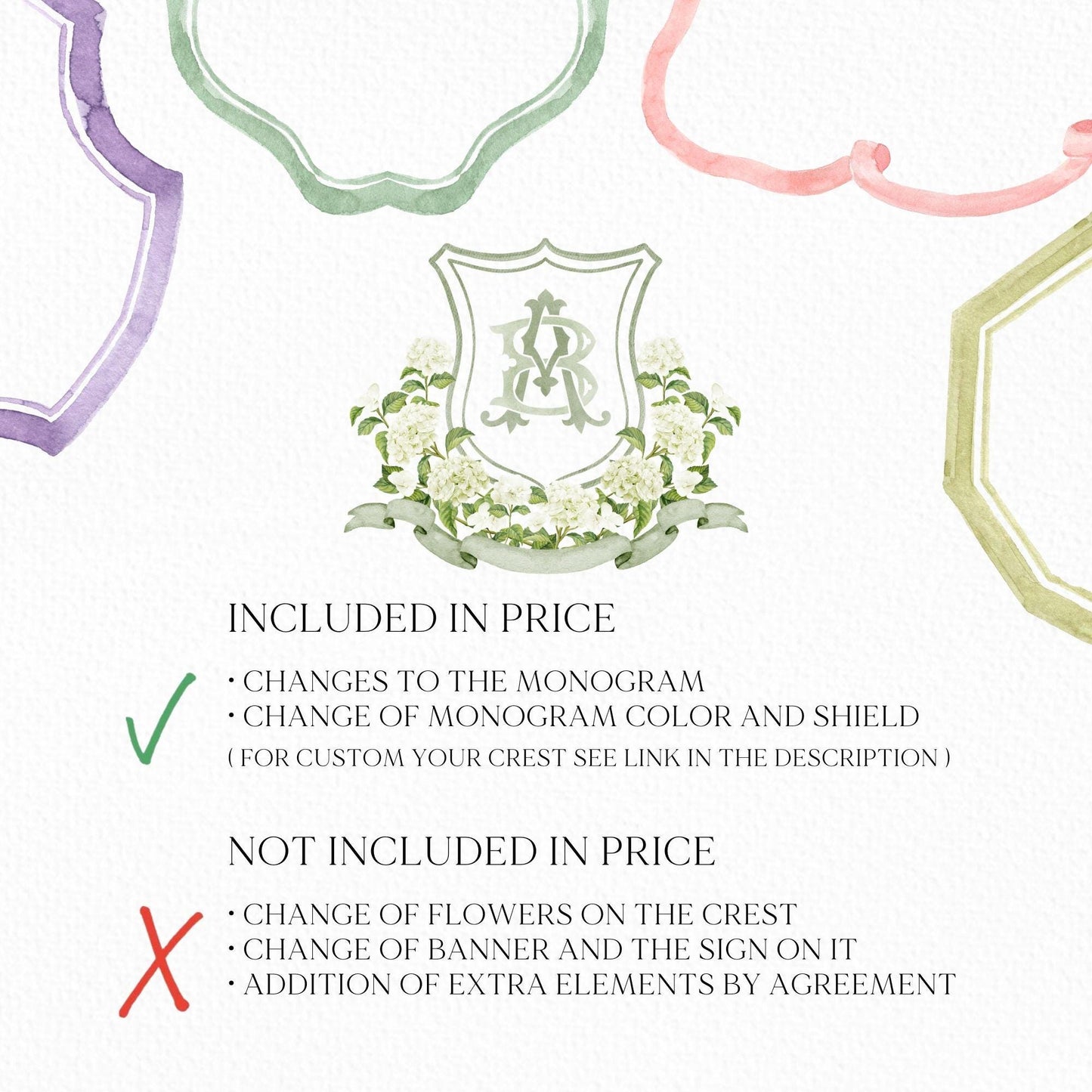 White Hydrangea Flower Wedding Crest - Monogram Crest - Hydrangea Floral Watercolor Wedding Crest - Romantic Wedding Crest - Boho Hydrangea