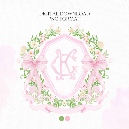Watercolor Crest wedding Pink Little Flowers Bow Greenery Flower Wedding Crest - Monogram Crest - Floral Watercolor Wedding Crest