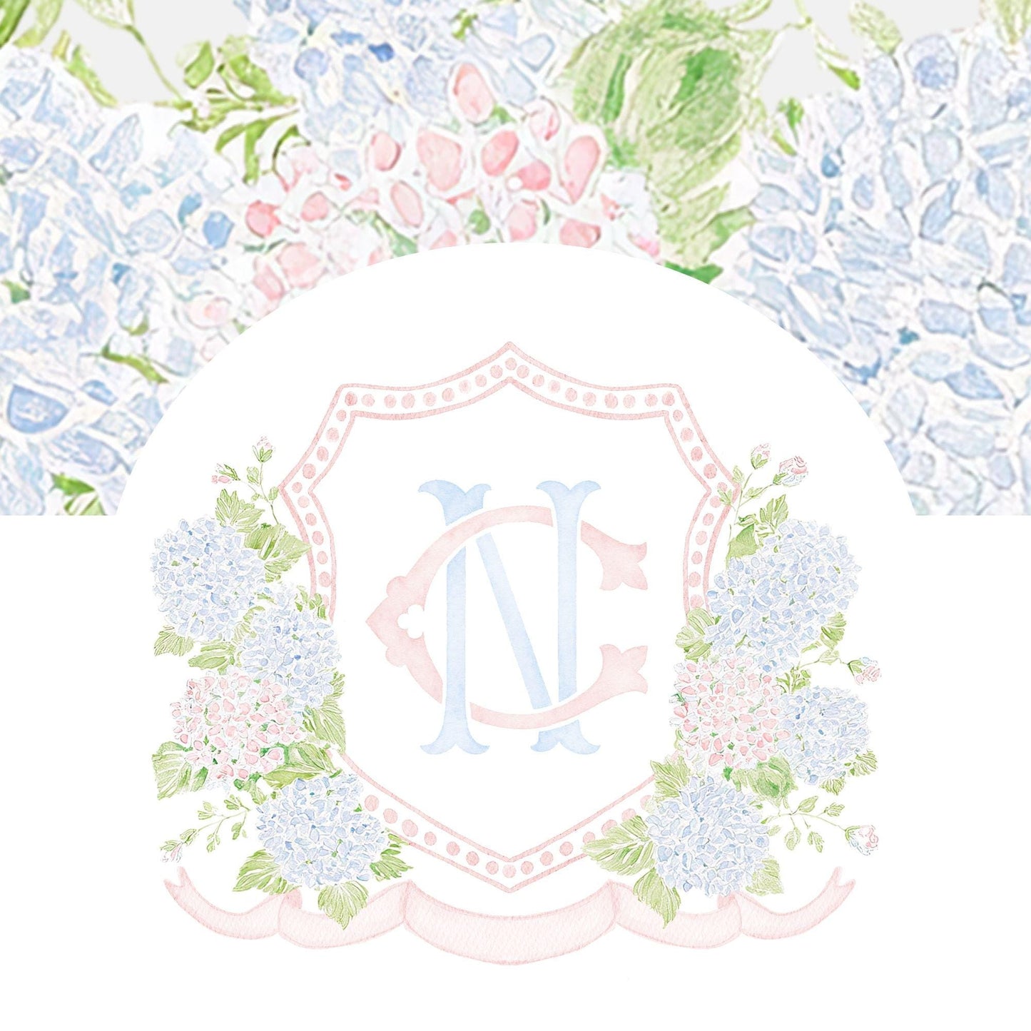 Blue Pink Hydrangea Flower Wedding Crest - Monogram Crest - Pastel Color Hydrangea Floral Luxury Watercolor Wedding Crest