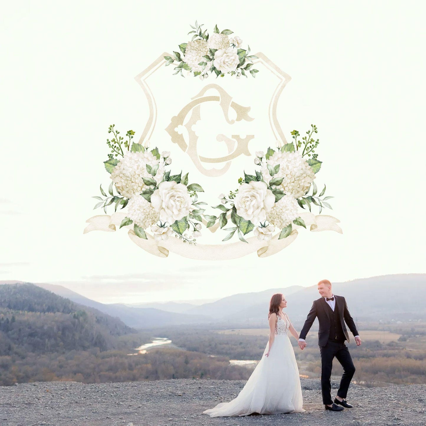 Hydrangea White Rose Greenery Flower Wedding Crest - Monogram Crest - Hydrangea White Floral Watercolor Wedding Crest Romantic Wedding Crest