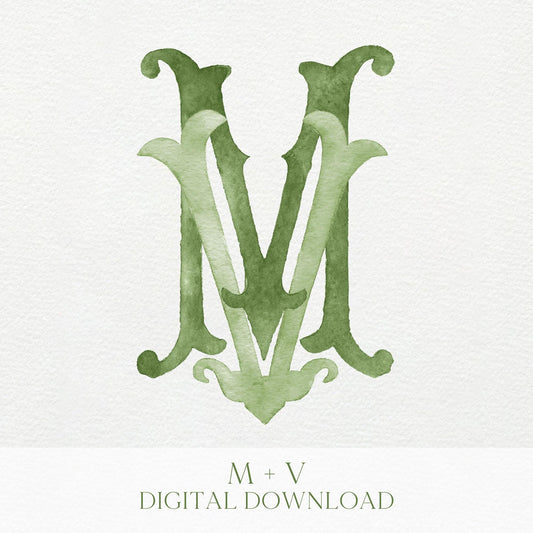 Watercolor Wedding Monogram MV – Classic Initial Crest (Digital Download)