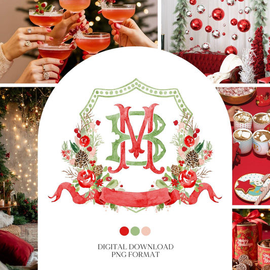 Custom Monogram Christmas Wedding Crest - Rose Hips Floral Watercolor - Winter Christmas Watercolors Crests