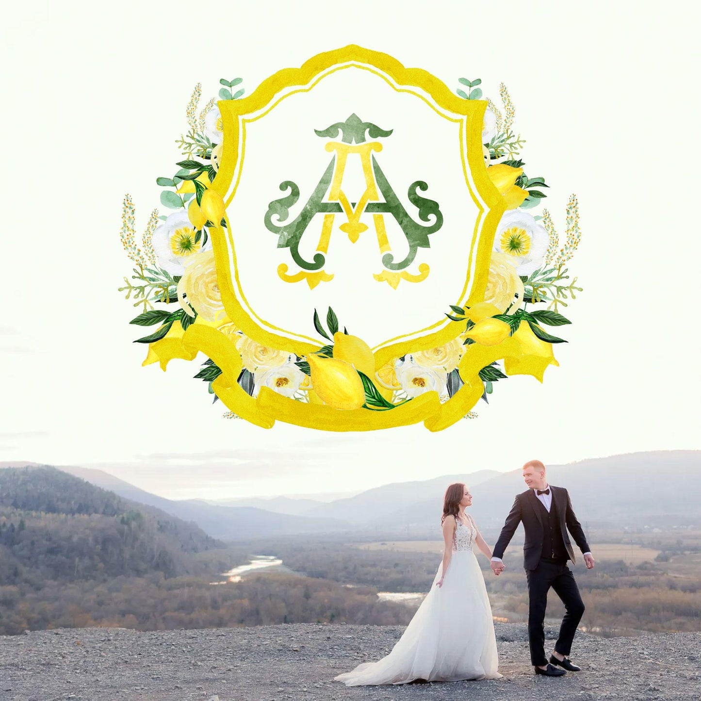 Yellow Floral Lemons Watercolor Wedding Crest - Monogram Crest - Floral Luxury Watercolor Wedding Crest - Romantic Wedding Crest