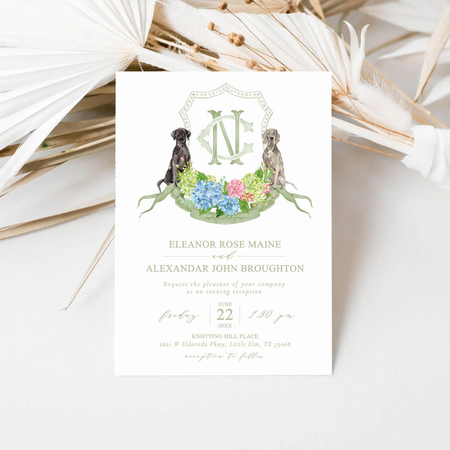 Hydrangea Blue Pink Wedding Crest - Monogram Crest - Hydrangea Green Floral Luxury Watercolor Wedding Crest - Romantic Wedding Crest