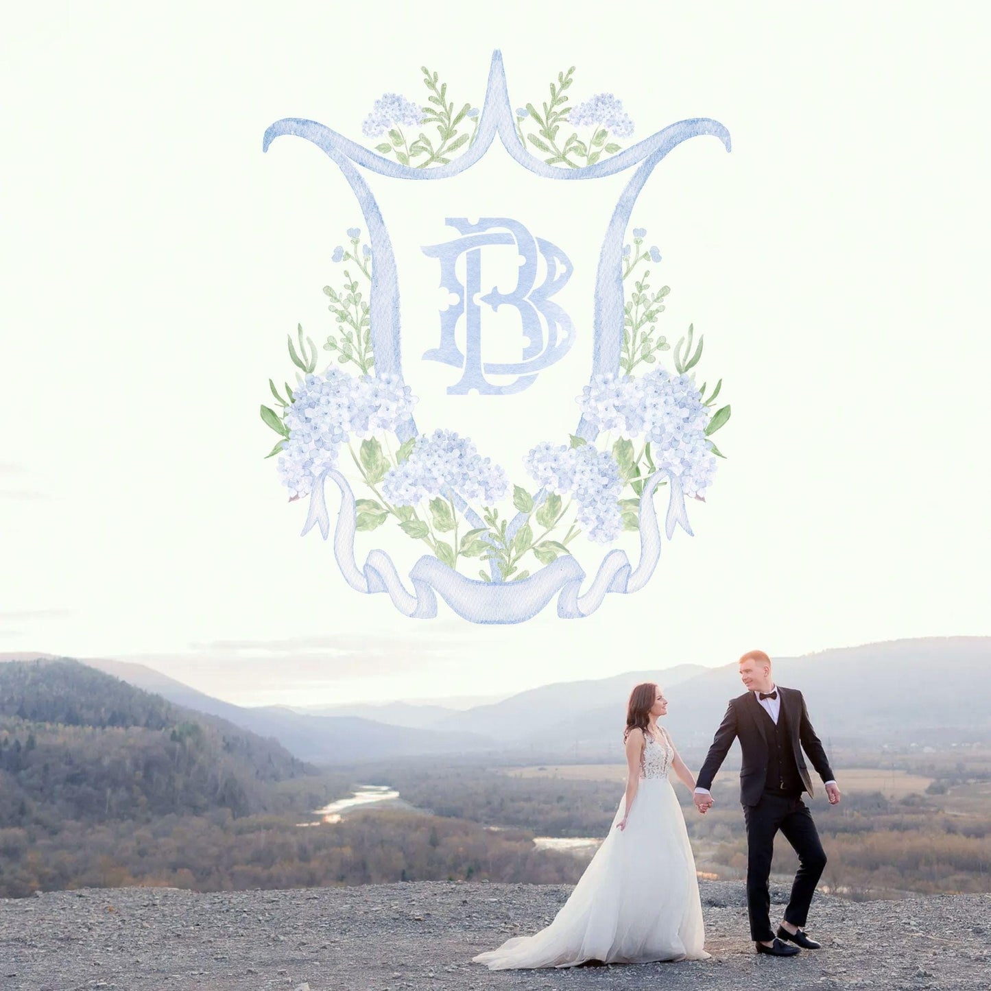 Blue Hydrangea Flower Wedding Crest - Monogram Crest - Hydrangea Light Blue Floral Luxury Watercolor Wedding Crest - Romantic Wedding Crest