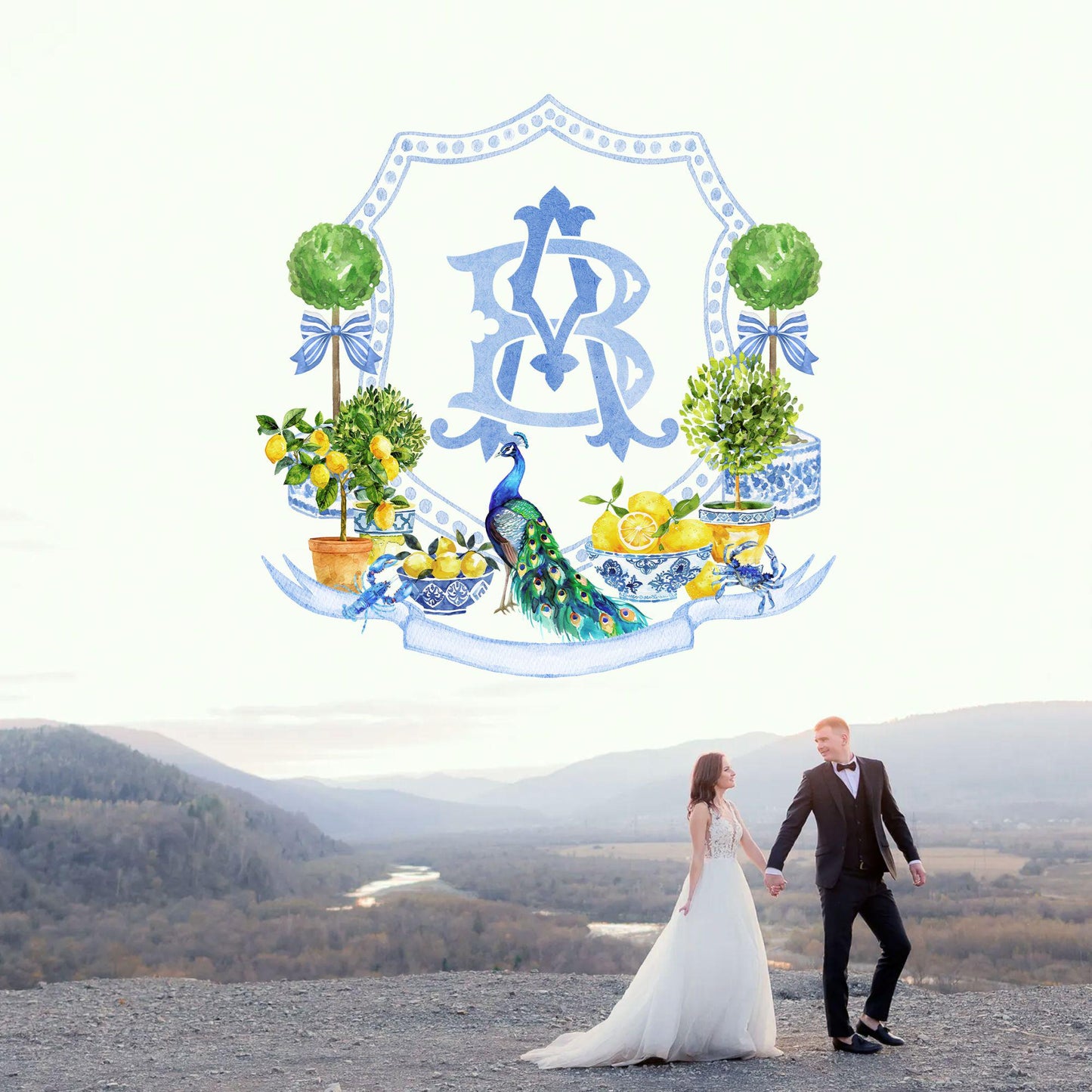 Mediterranean Tiles and Lemons Wedding Crest - Monogram Crest - Mediterranean Tiles Watercolor Wedding Crest - Italy Style Monogram Crest