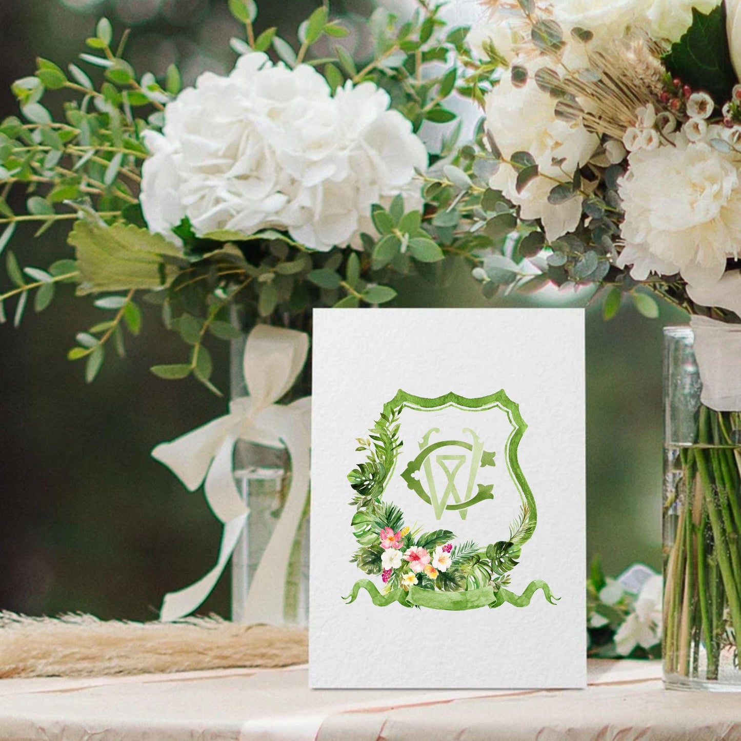 Greenery Tropical Foliage Palms Watercolor Flowers Wedding Crest - Monogram Crest - Floral Watercolor Wedding Crest - Romantic Wedding Crest