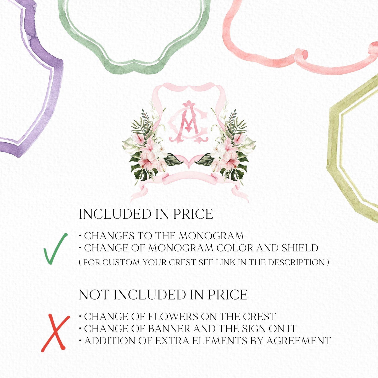 Pink Jungle Bridal Watercolor Flowers Wedding Crest - Monogram Crest - Summer Tropical Watercolor Wedding Crest - Romantic Wedding Crest