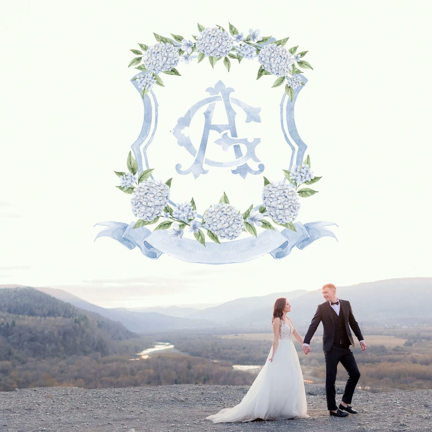 White Blue Hydrangea Flower Wedding Crest - Monogram Crest - Hydrangea Floral Luxury Watercolor Wedding Crest - Romantic Wedding Crest
