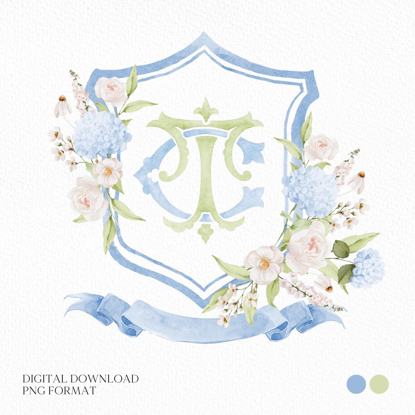 Light Blue Hydrangea Flower Wedding Crest - Monogram Crest - Hydrangea Floral Luxury Watercolor Wedding Crest - Romantic Wedding Crest