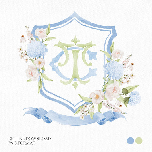 Light Blue Hydrangea Flower Wedding Crest - Monogram Crest - Hydrangea Floral Luxury Watercolor Wedding Crest - Romantic Wedding Crest