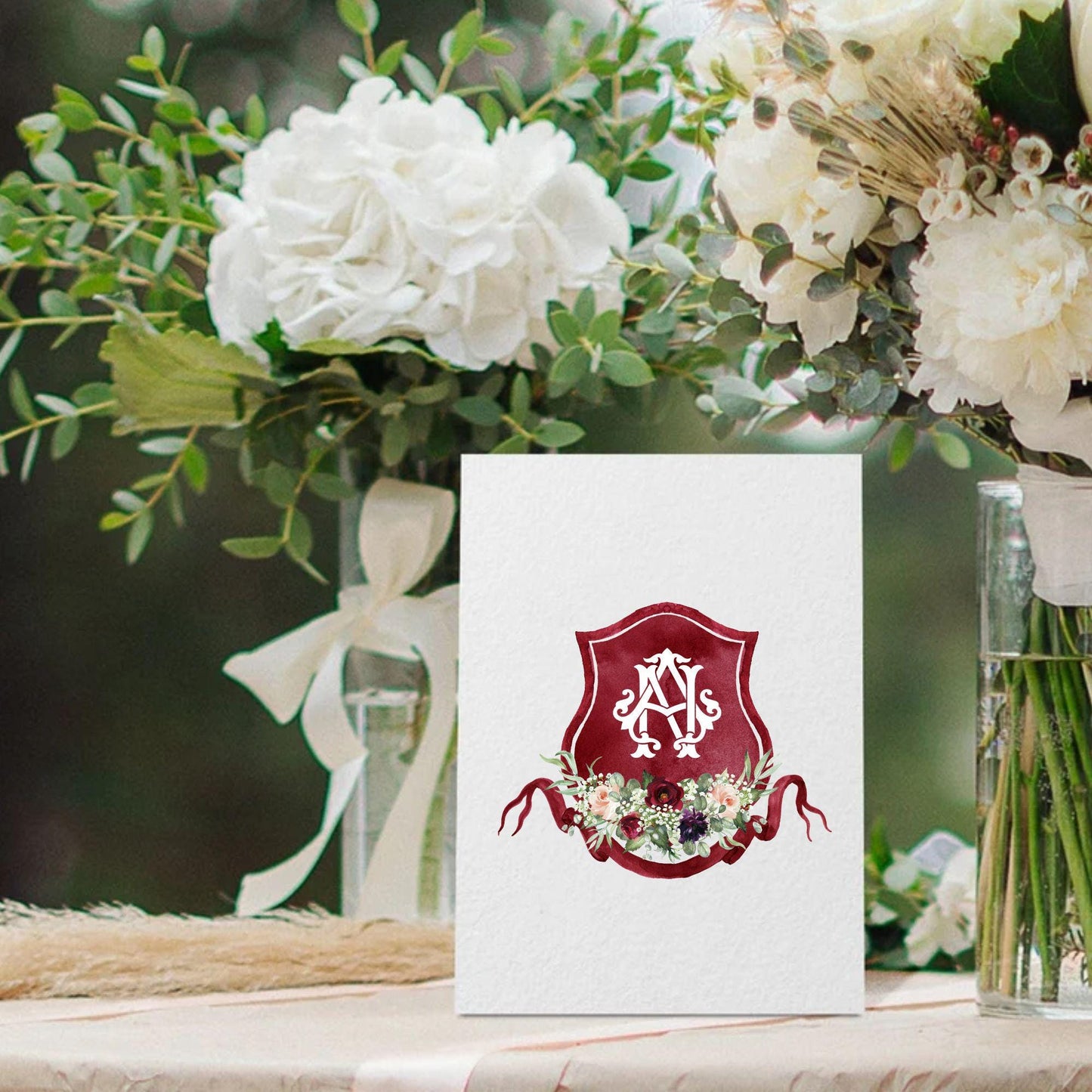 Burgundy Blush Rustic Greenery Flower Wedding Crest - Monogram Crest - Floral Luxury Watercolor Wedding Crest - Romantic Wedding Crest