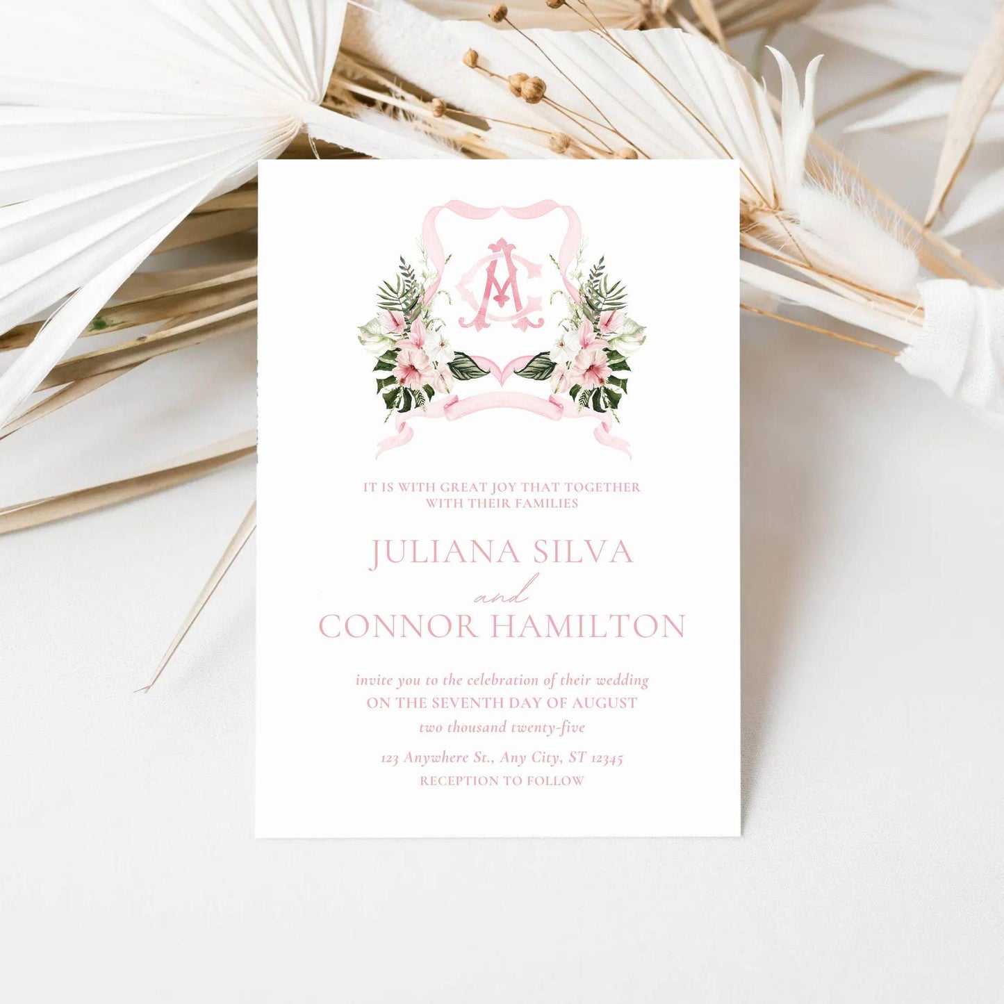 Pink Jungle Bridal Watercolor Flowers Wedding Crest - Monogram Crest - Summer Tropical Watercolor Wedding Crest - Romantic Wedding Crest
