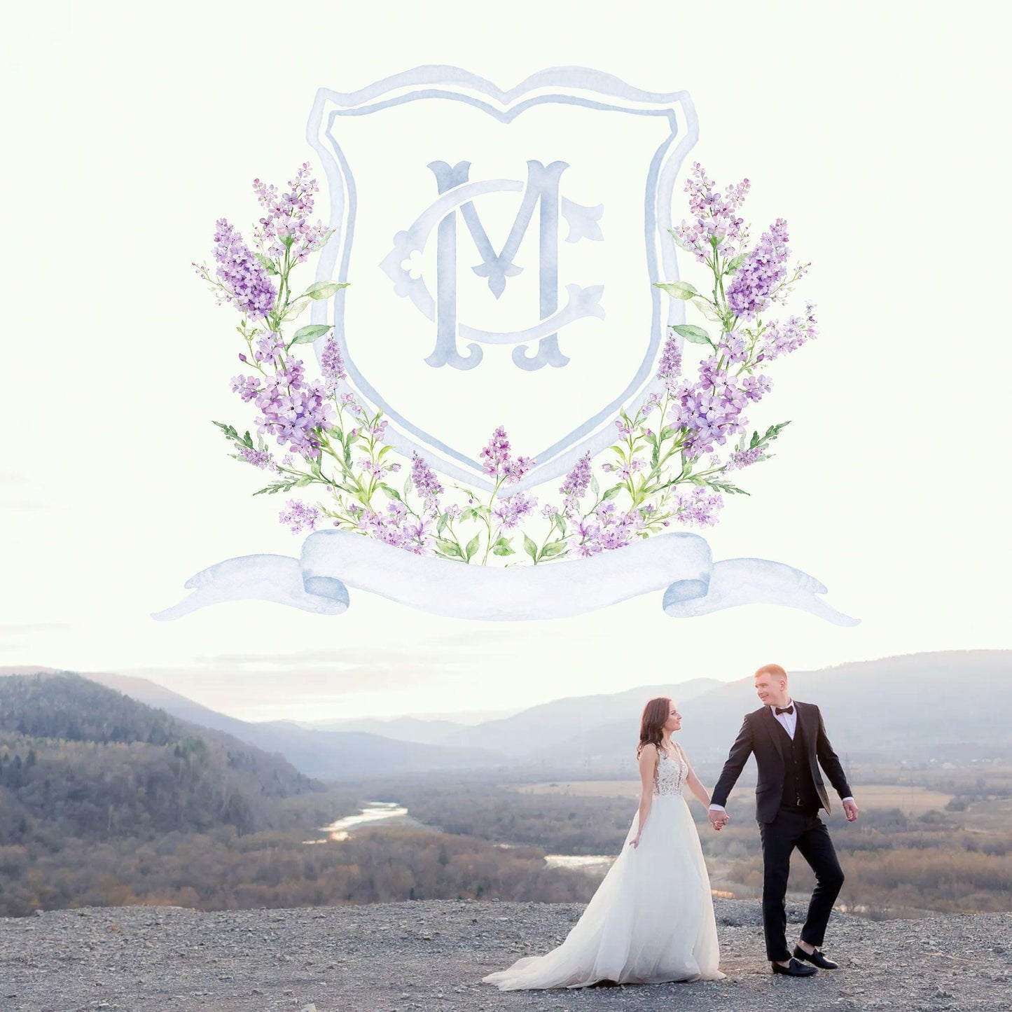 Lilac Lavender Purple Flower Wedding Crest - Monogram Crest - lavender purple Floral Luxury Watercolor Wedding Crest, Romantic Wedding Crest