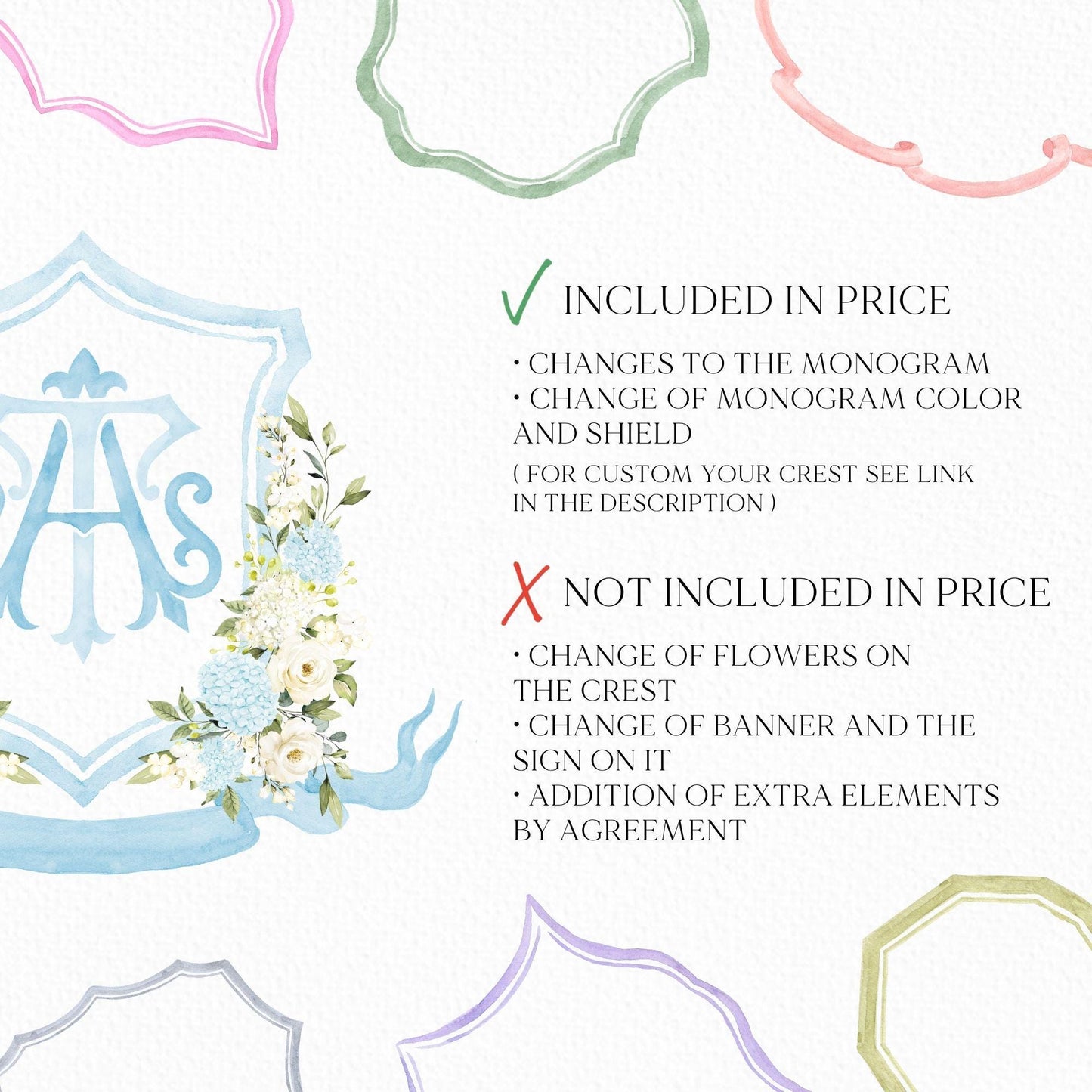 Light Blue Hydrangea Flower Wedding Crest - Monogram Crest - Roses Floral Luxury Watercolor Wedding Crest - Romantic Wedding Crest