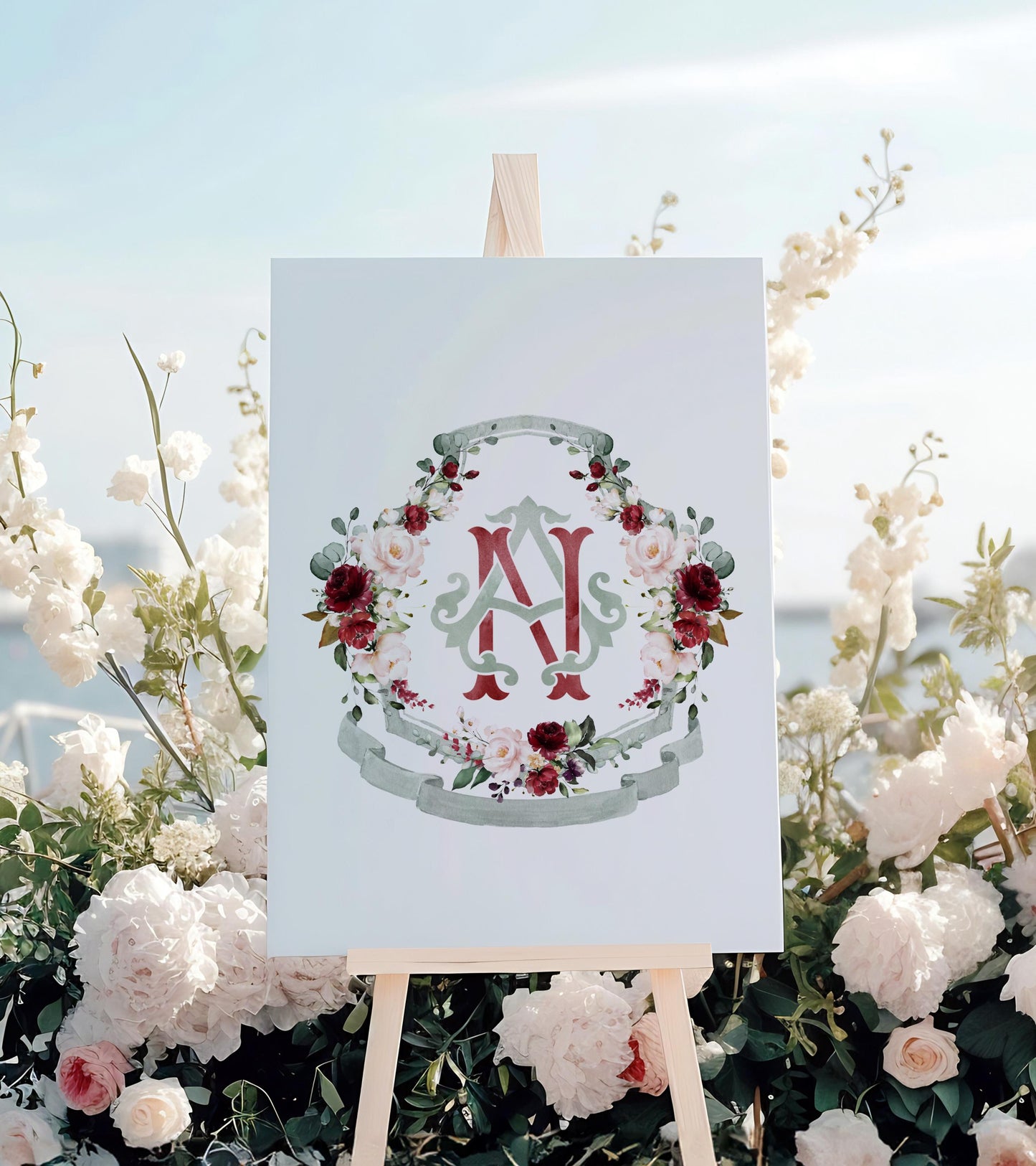 Geometric Burgundy blush Pink Floral Wedding Crest - Monogram Crest - Burgundy Floral Watercolor Wedding Crest - Romantic Wedding Crest