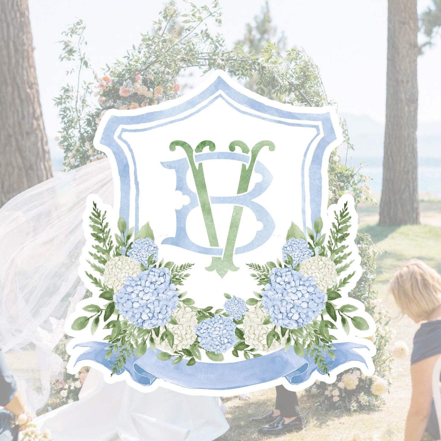 White Blue Hydrangea Flower Wedding Crest - Monogram Crest - Hydrangea Floral Luxury Watercolor Wedding Crest - Romantic Wedding Crest