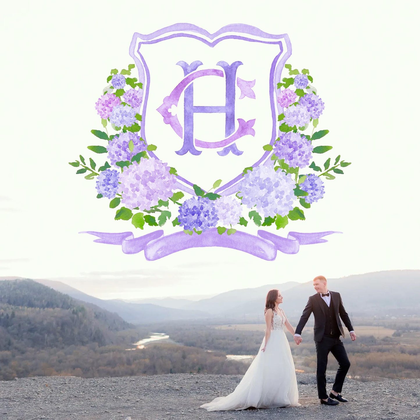 Purple Hydrangea Flower Wedding Crest - Monogram Crest - Light Purple Hydrangea Floral Watercolor Wedding Crest - Romantic Wedding Crest