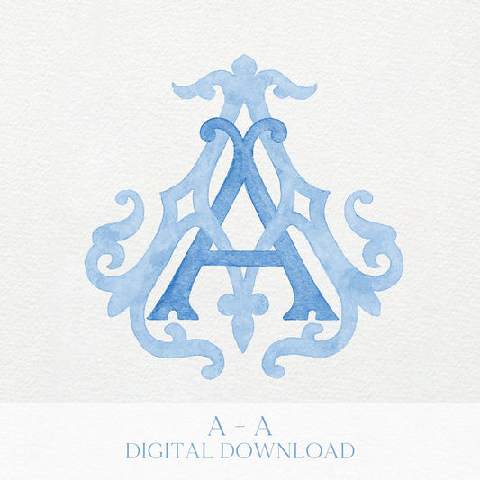 Watercolor Wedding Monogram AA - Elegant Letter Crest (Digital Download)