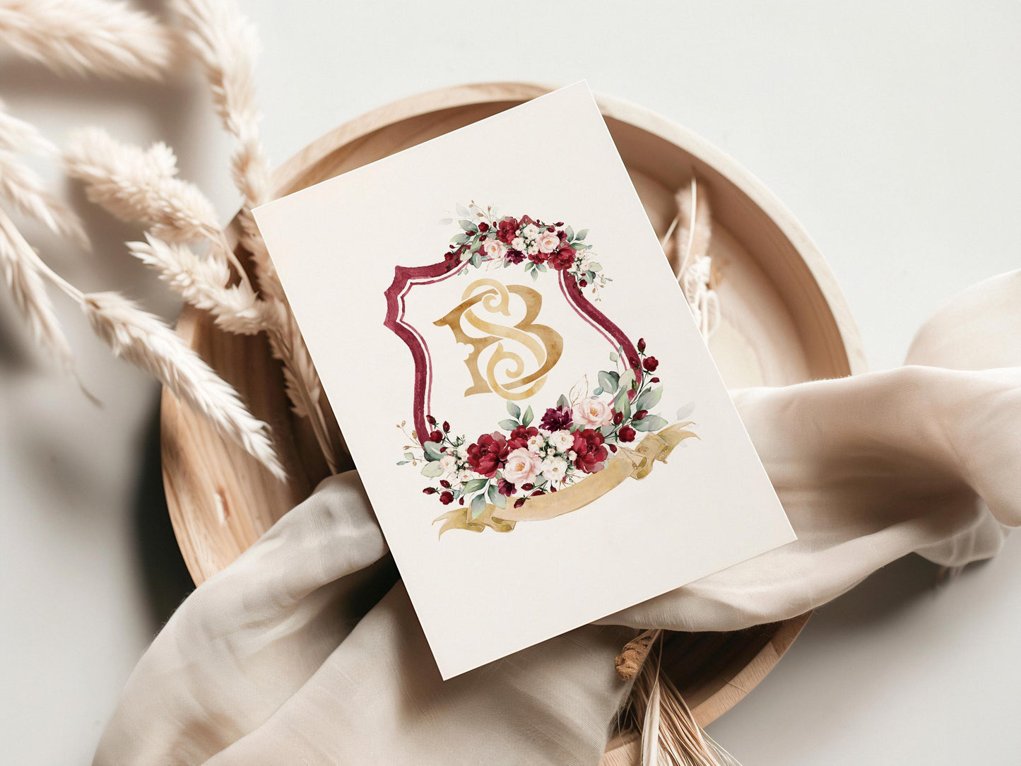 Burgundy Rose Flower Wedding Crest - Monogram Crest - Burgundy Floral Watercolor Wedding Crest - Romantic Wedding Crest- Boho Burgundy