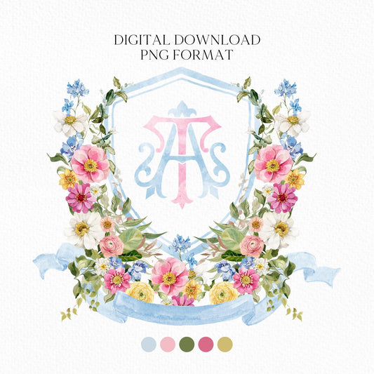 Wildflowers Bright Floral Colorful Watercolor Wedding Crest - Monogram Crest - Floral Watercolor Wedding Crest - Romantic Wedding Crest