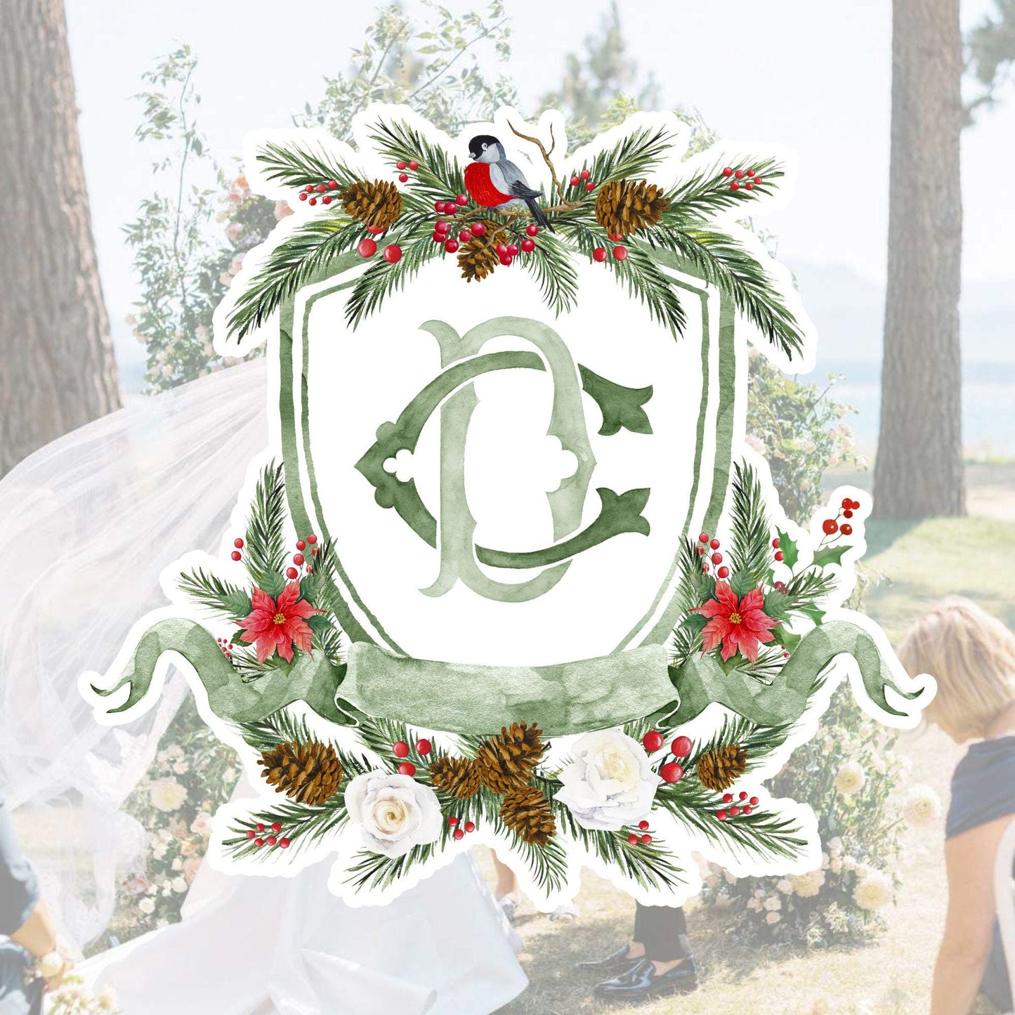 Custom Christmas Wedding Crest - Monogram Crest - Rose Hips Floral Watercolor Wedding Crest - Winter Christmas Wedding Crest - Winter Crest