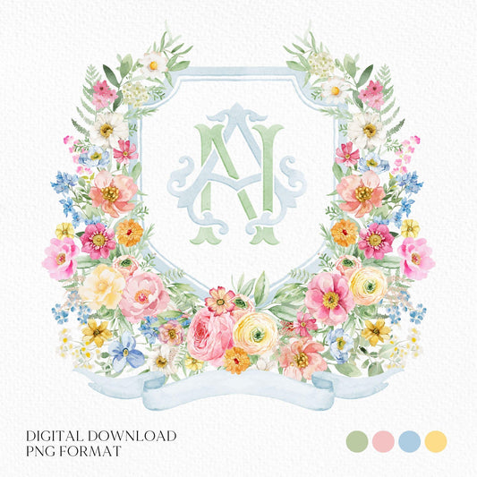 Wildflowers Bright Floral Colorful Watercolor Wedding Crest - Monogram Crest - Floral Watercolor Wedding Crest - Romantic Wedding Crest