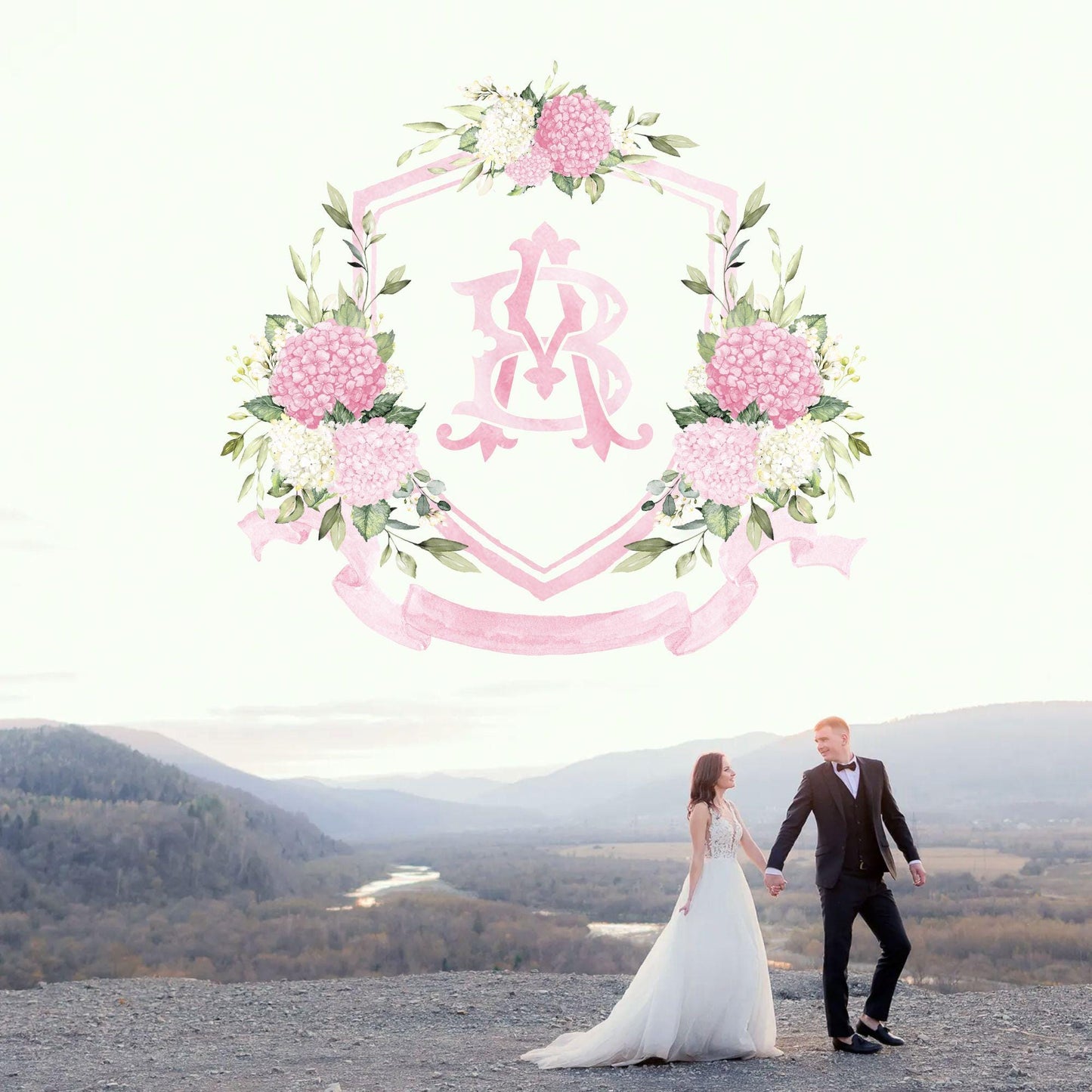 Pink Hydrangea Flower Wedding Crest - Monogram Crest - Hydrangea Floral Luxury Watercolor Wedding Crest - Romantic Wedding Crest