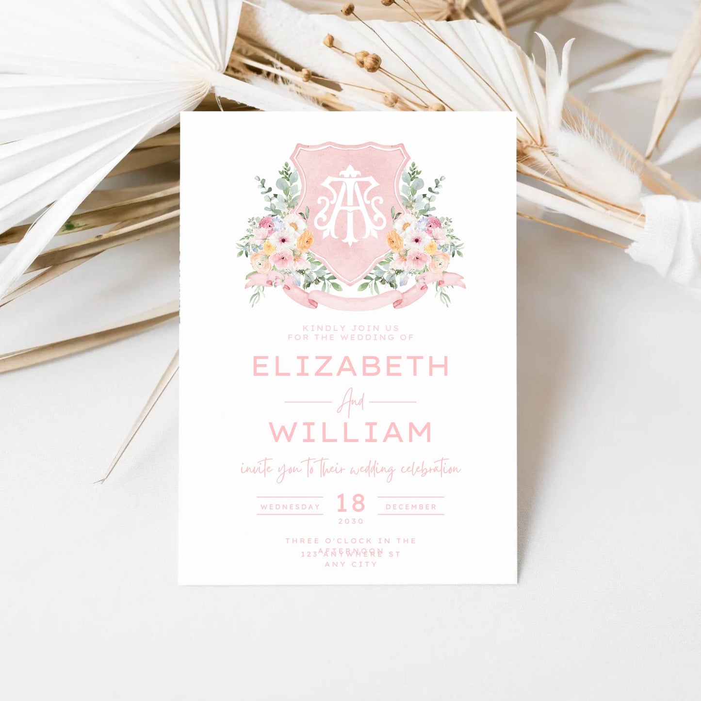 Wildflower Prink Spring Flower Wedding Crest - Monogram Crest - Wildflower bohemian Floral Watercolor Wedding Crest - Romantic Wedding Crest