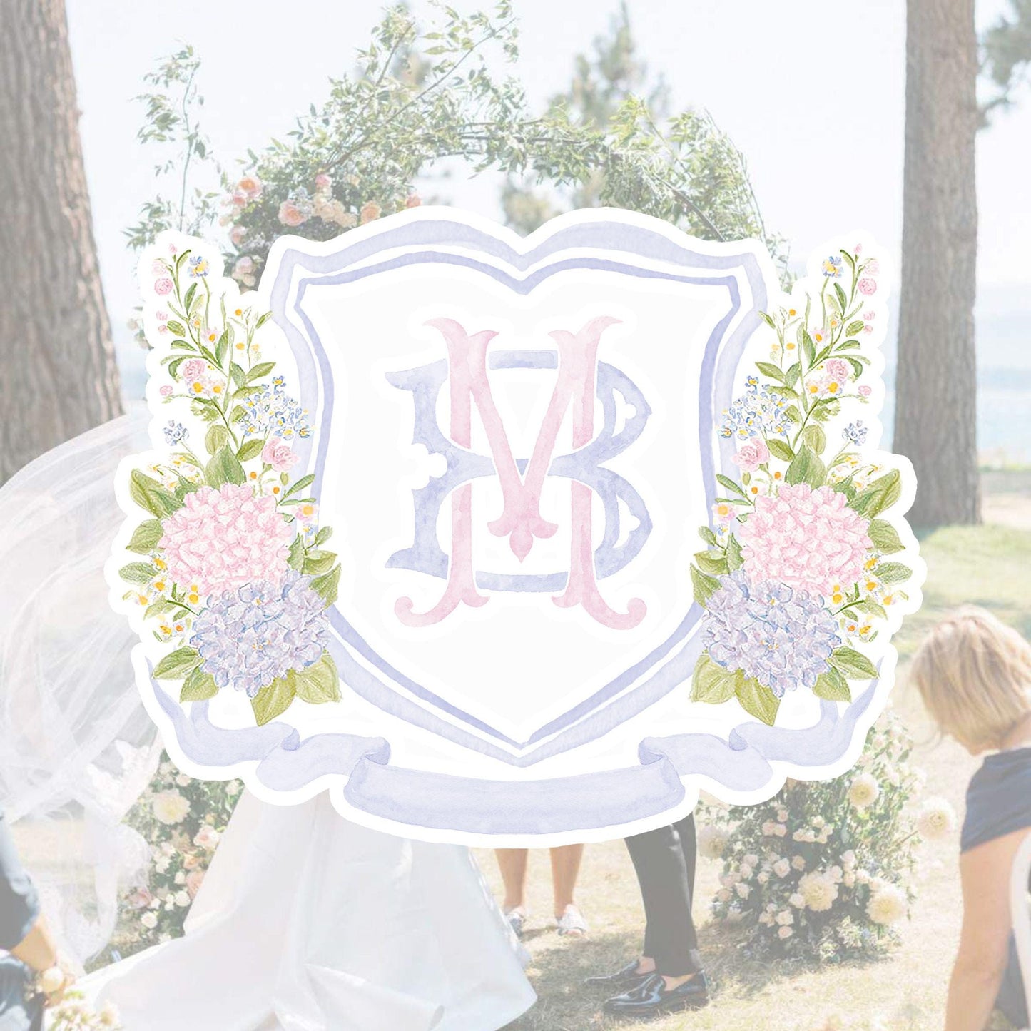 Blue Pink Hydrangea Flower Wedding Crest - Monogram Crest - Pastel Color Hydrangea Floral Luxury Watercolor Wedding Crest