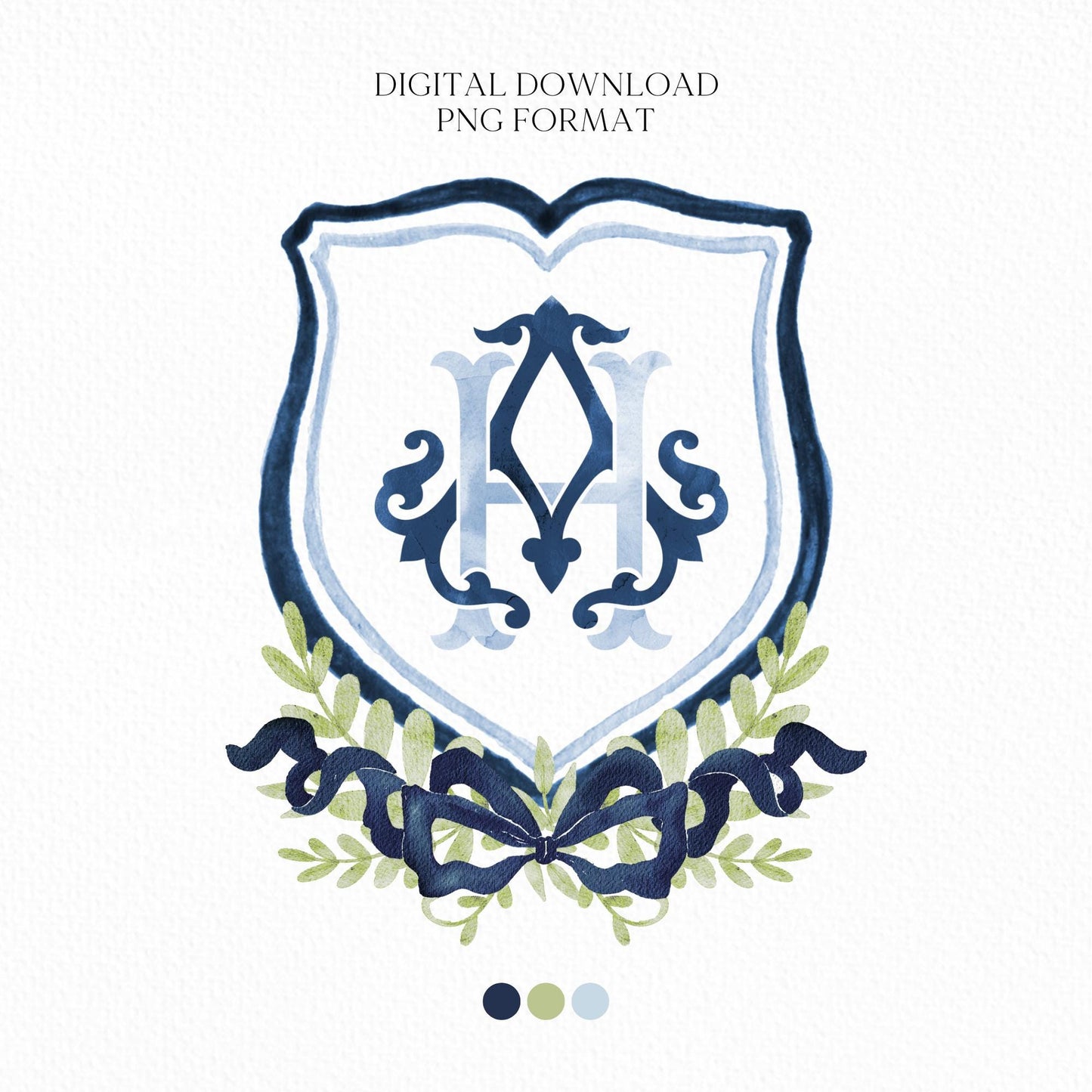 Dark Blue Watercolor Classic Eucalyptus Ribbon Flower Wedding Crest - Monogram Crest - Watercolor Wedding Crest - Romantic Wedding Crest