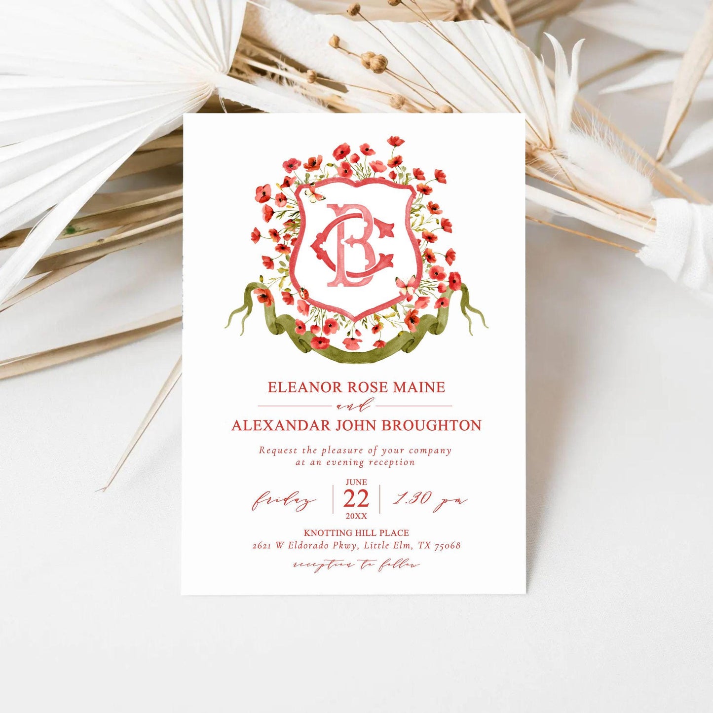 Red Poppy Flower Wedding Crest - Monogram Crest - Watercolor Poppies Floral Luxury Watercolor Wedding Crest - Romantic Wedding Crest