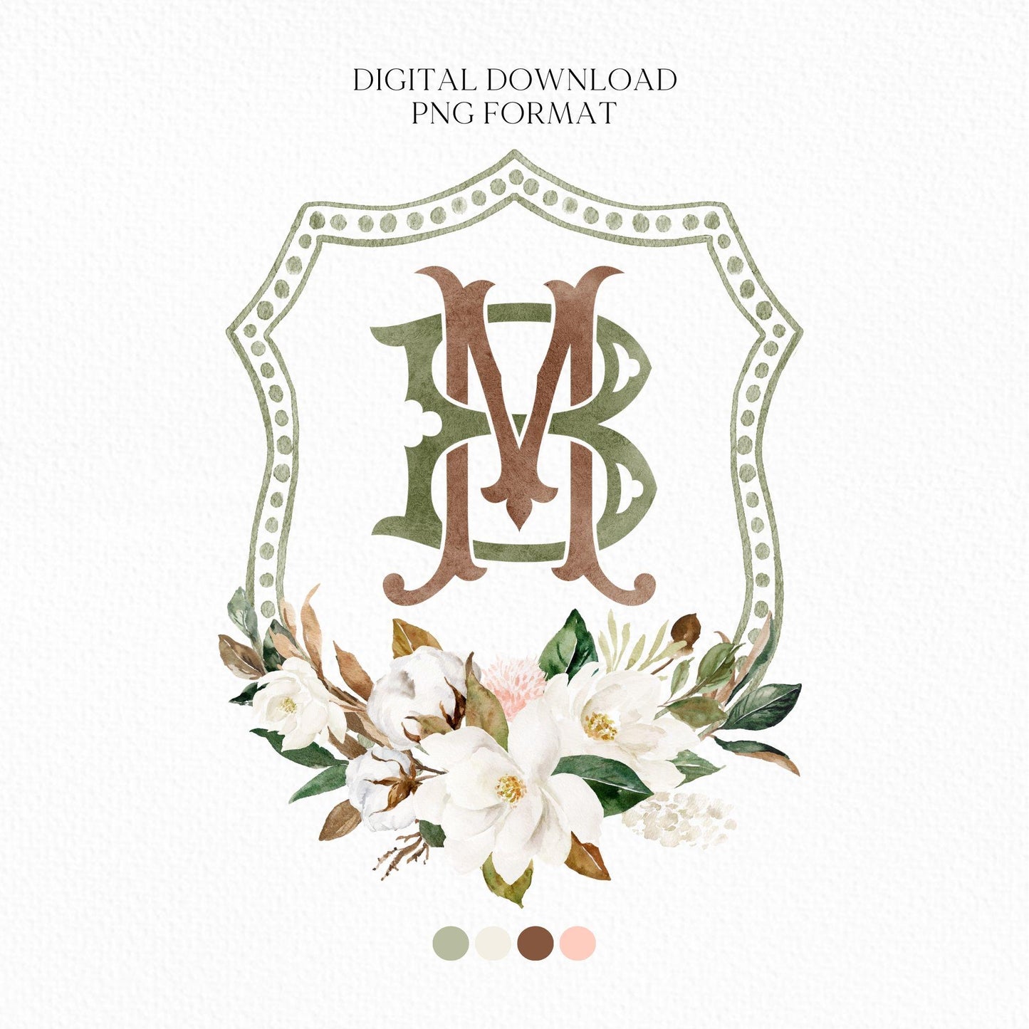 Magnolia Cotton Flower Watercolor Wedding Crest - Monogram Crest - Magnolia Floral Watercolor Wedding Crest - Romantic Wedding Crest