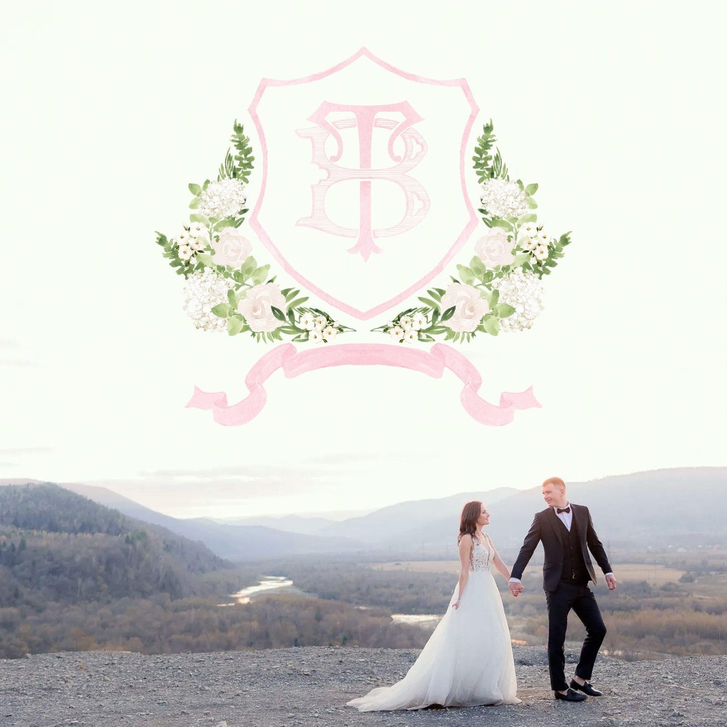 White Rose Greenery White Hydrangea Flower Wedding Crest - Monogram Crest - White Floral Watercolor Wedding Crest - Romantic Wedding Crest